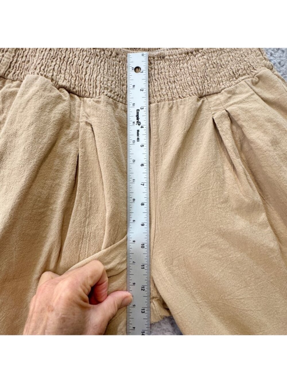 Wide-Leg Women's Linen Cropped Pants Smocked Waist Tan Relaxed Fit Boho Breezy - Picture 9 of 11